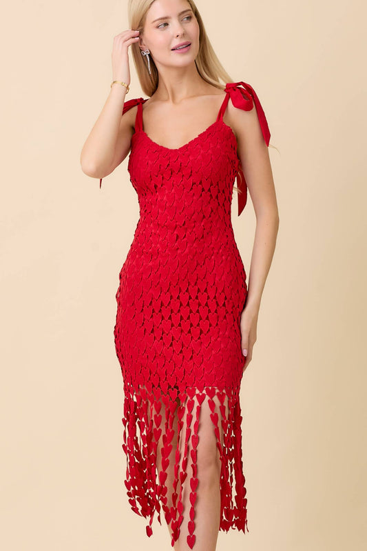 Shoulder Strap Tie With Heart Cut-out Lace Fringe Detail