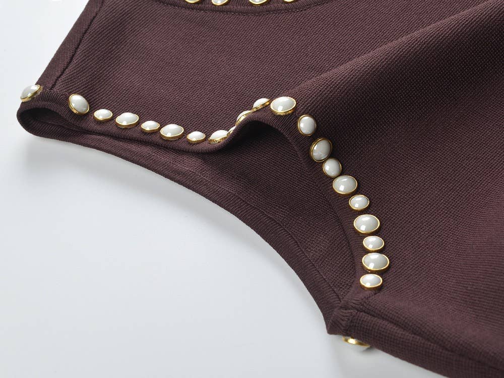 High Neck Pearl Fringe Sleeveless Knit Maxi Dress