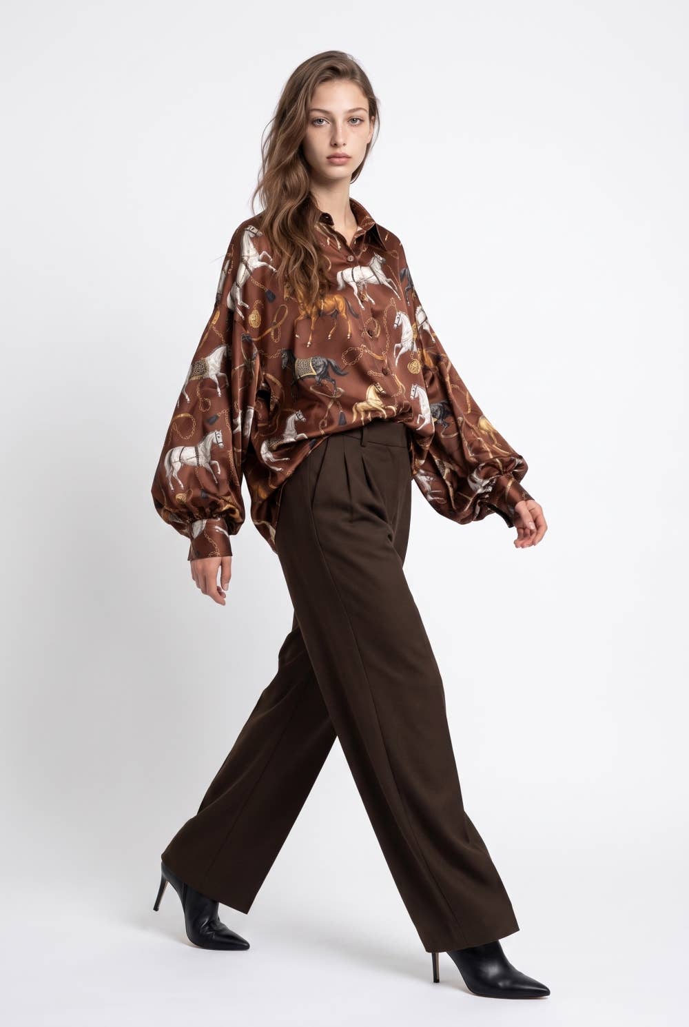 Oversized Equestrian Print Silky Shirt with Puff Sleeves