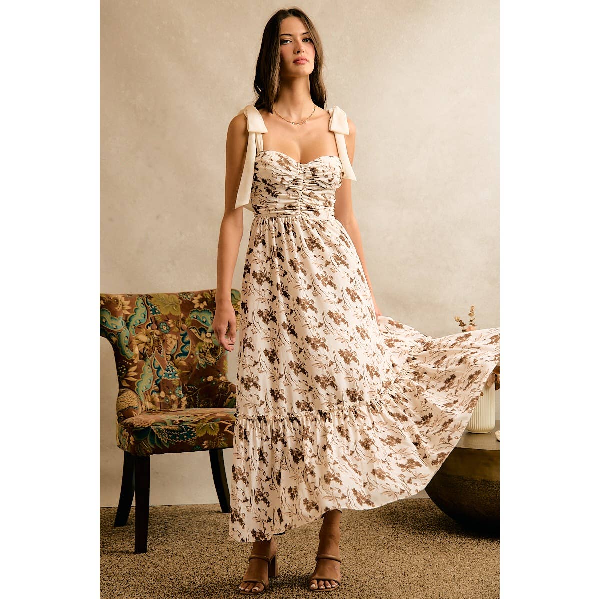 Floral Print Ribbon Strap Bustier Dress