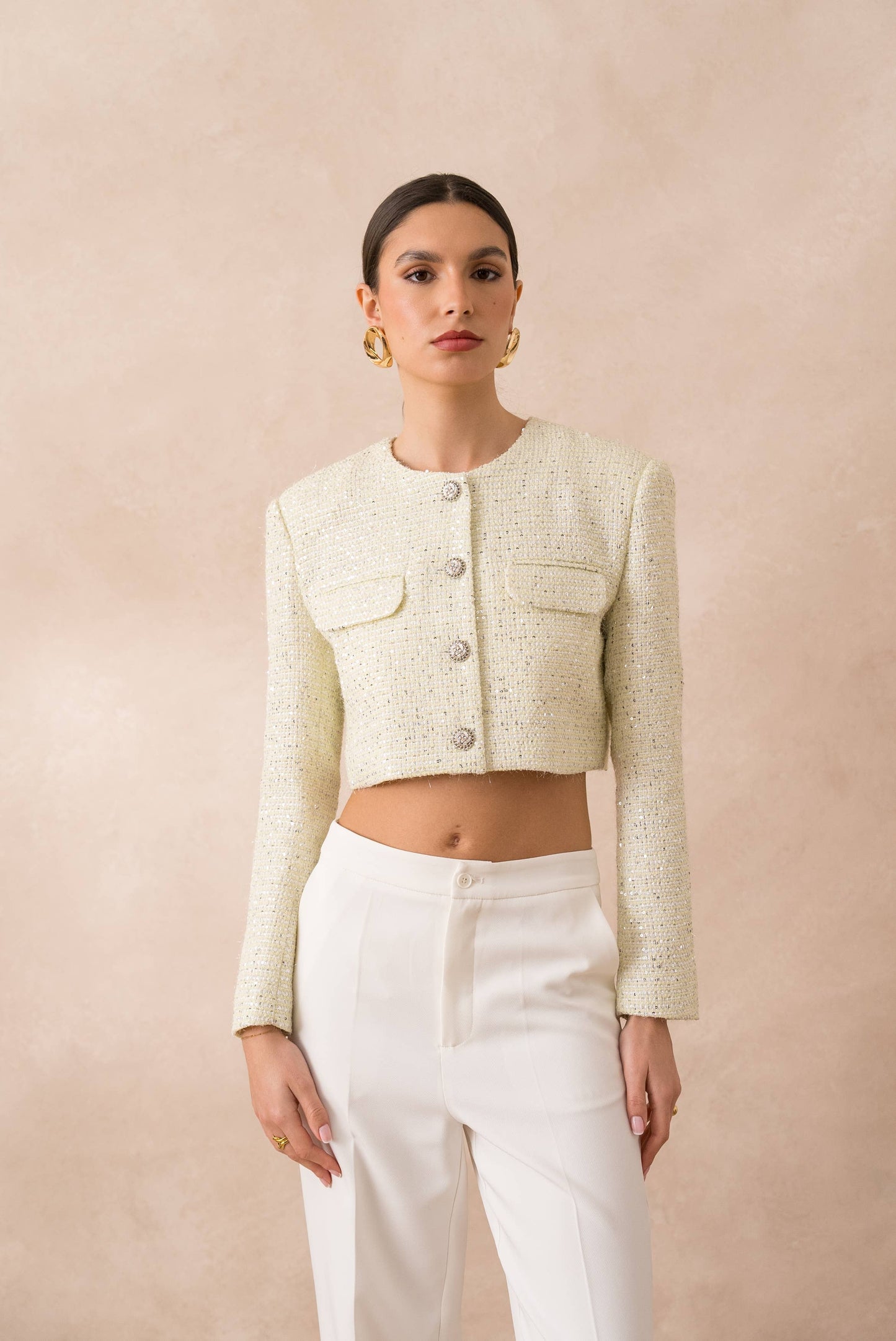 Short sequin tweed collarless jacket