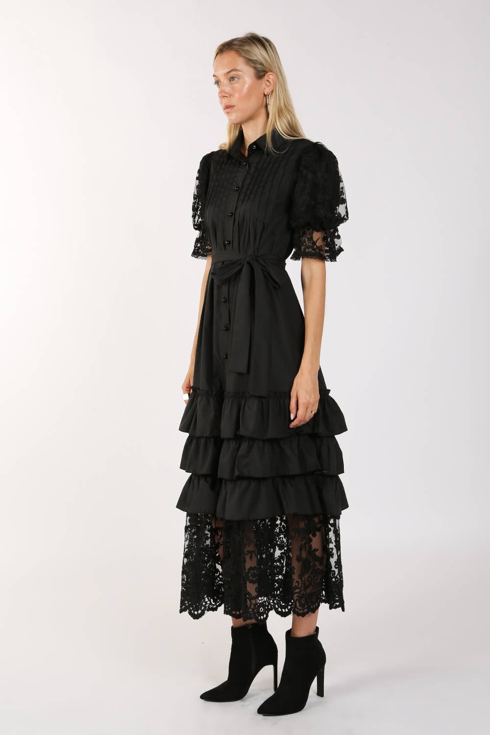 Mixed-Media Lace Tiered Shirt Dress