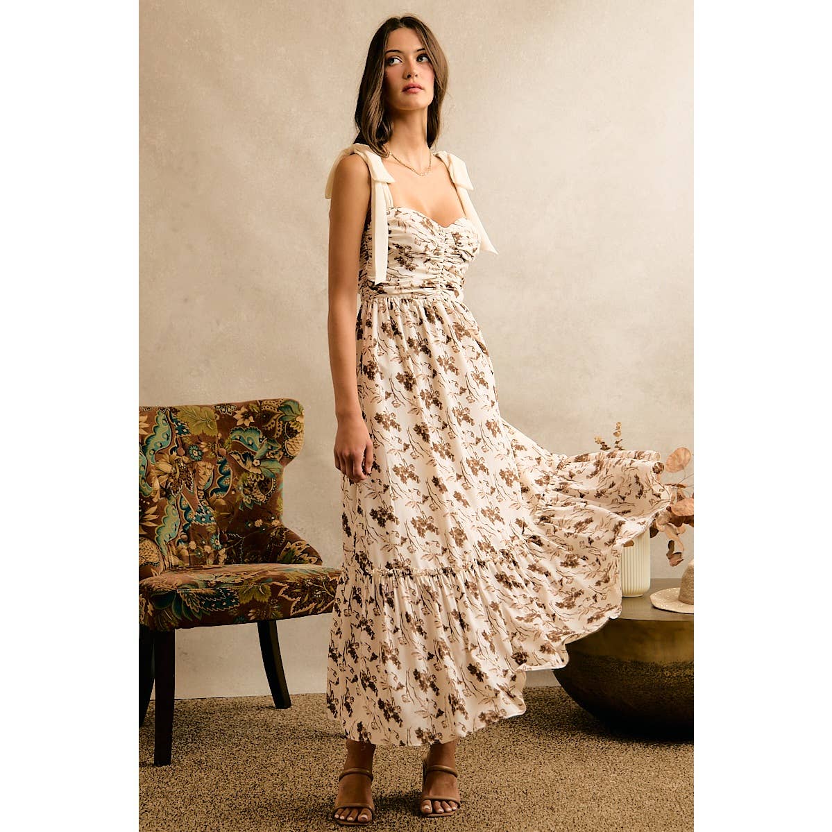Floral Print Ribbon Strap Bustier Dress