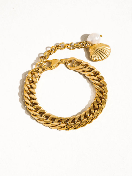 Tossa 18K Gold Non-Tarnish Shell Pearl Chain Bracelet