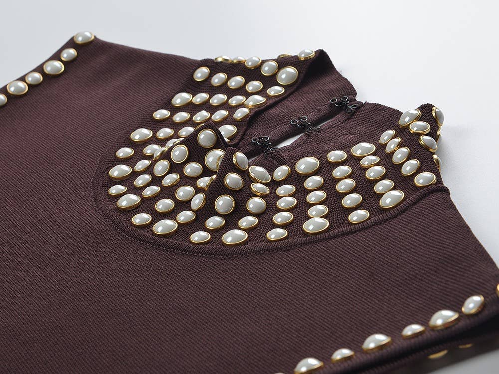 High Neck Pearl Fringe Sleeveless Knit Maxi Dress