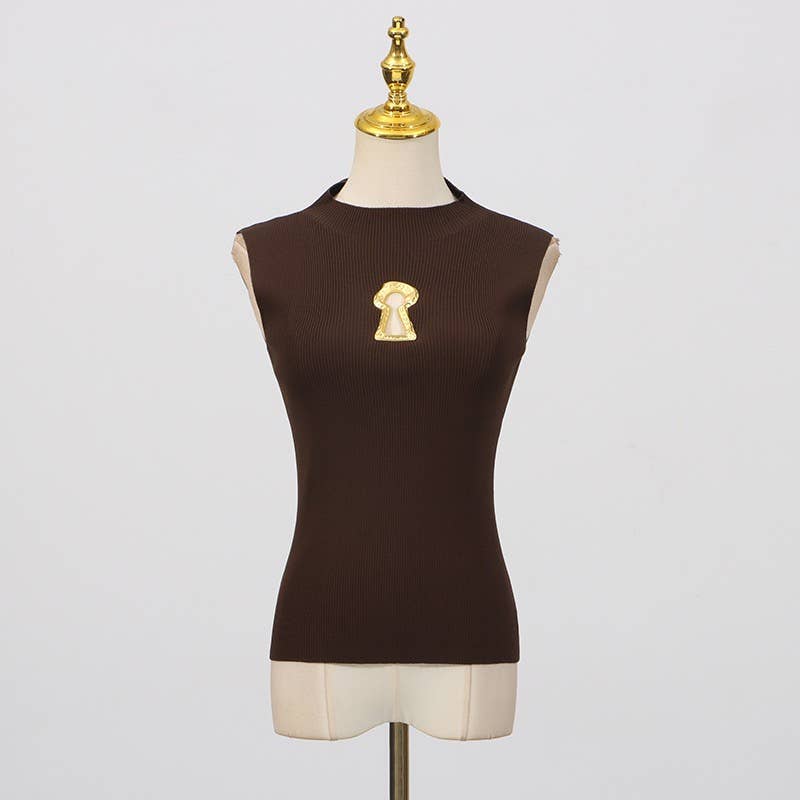 High Neck Sleeveless Vest with Keyhole Accent