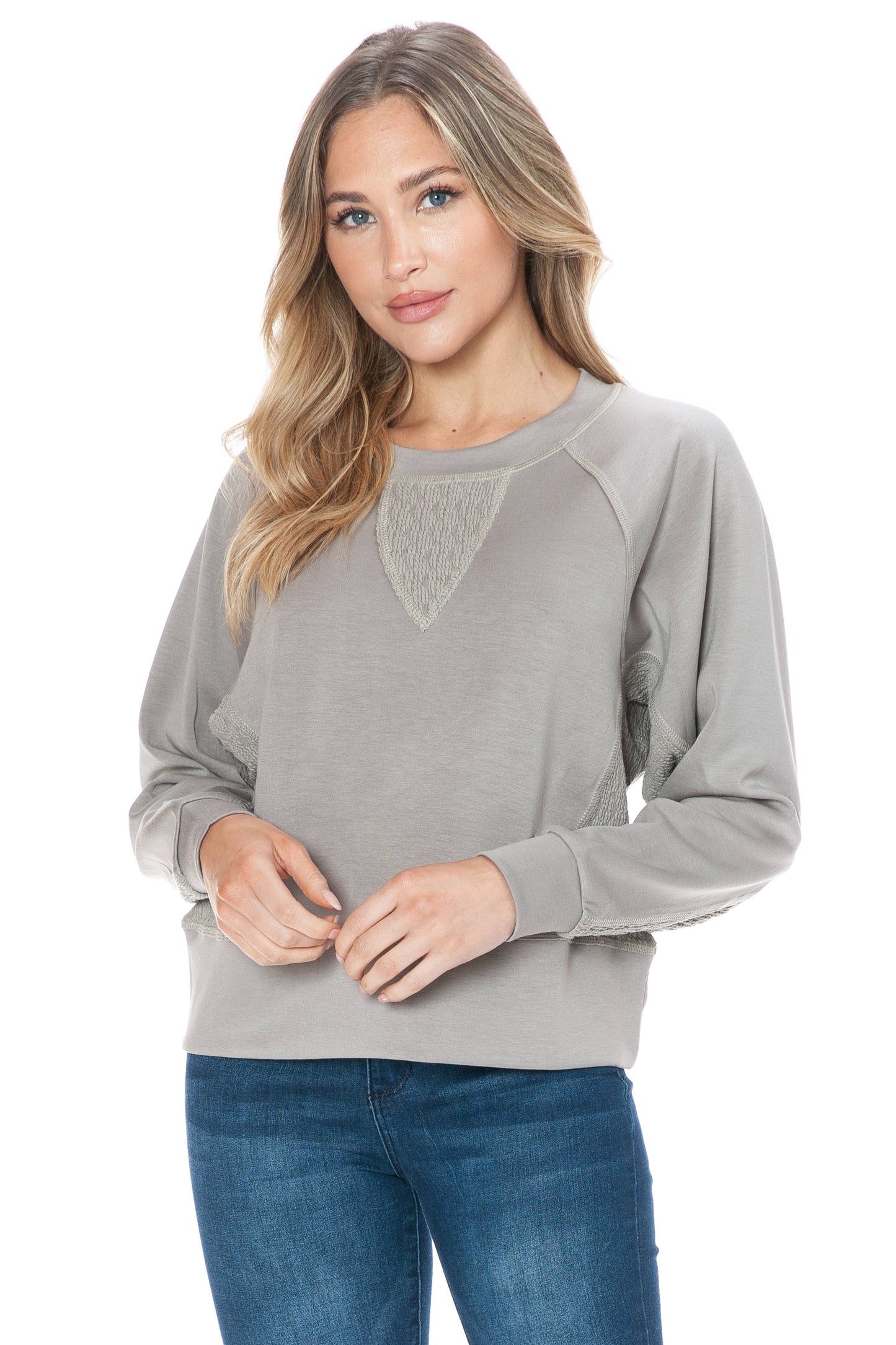 Long Sleeve Crew-Neck Mix Media Scuba Top