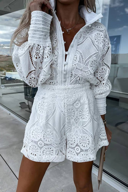 Full Lace Buttoned Blouse With Shorts 2pcs Set ZK1543