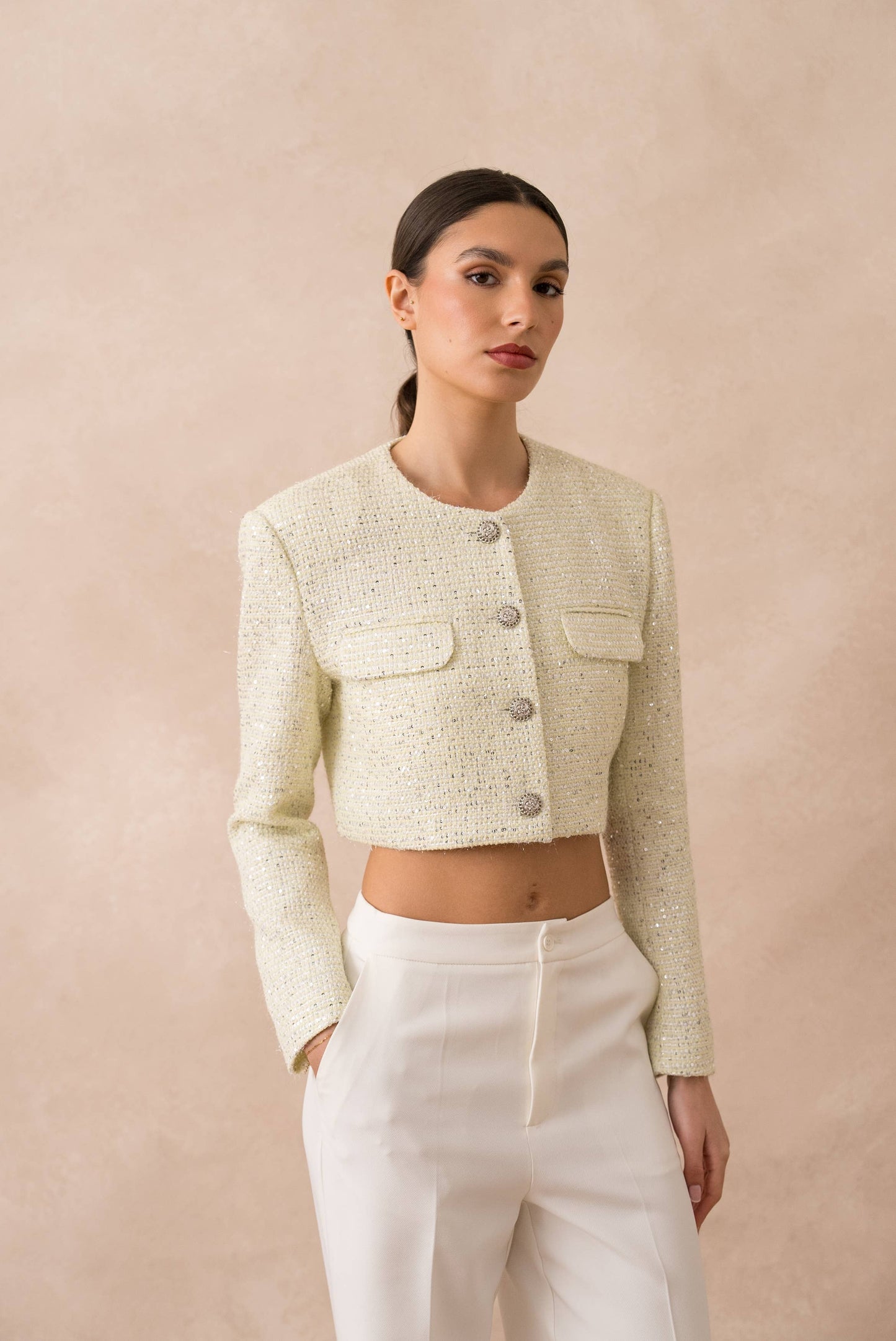 Short sequin tweed collarless jacket
