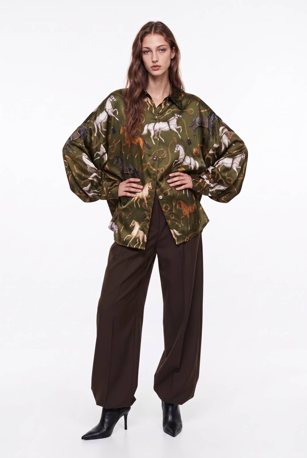 Oversized Equestrian Print Silky Shirt with Puff Sleeves