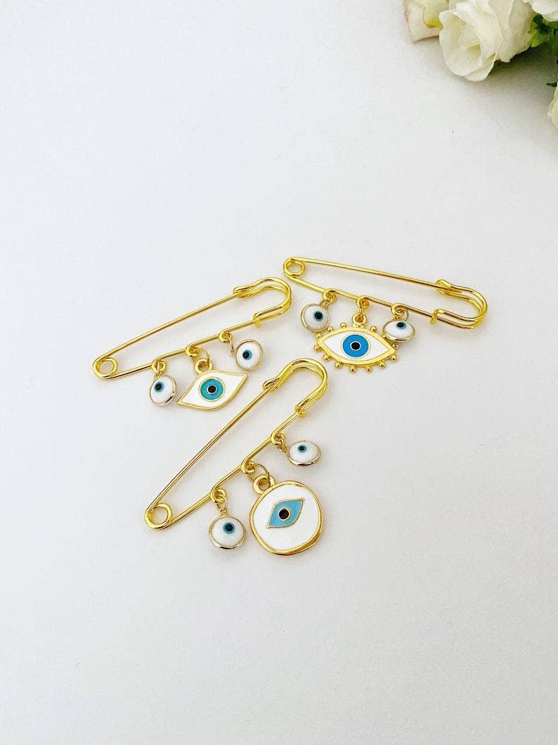 Evil Eye Handmade Safety Pin, Gold Safety Pin for Protection