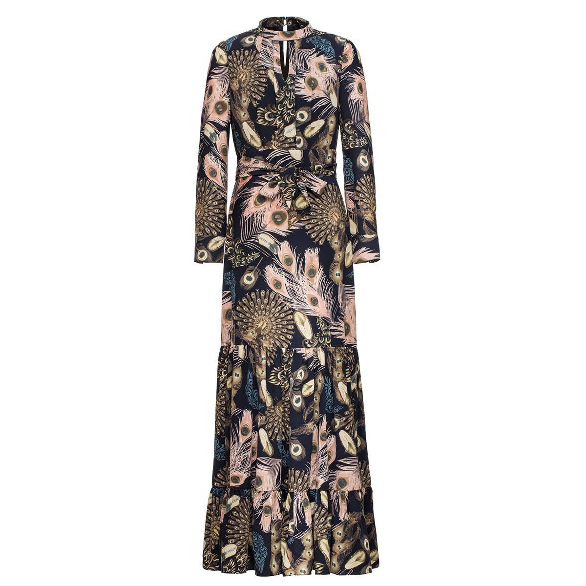 Bohemian style long dress with ruffles and feather print