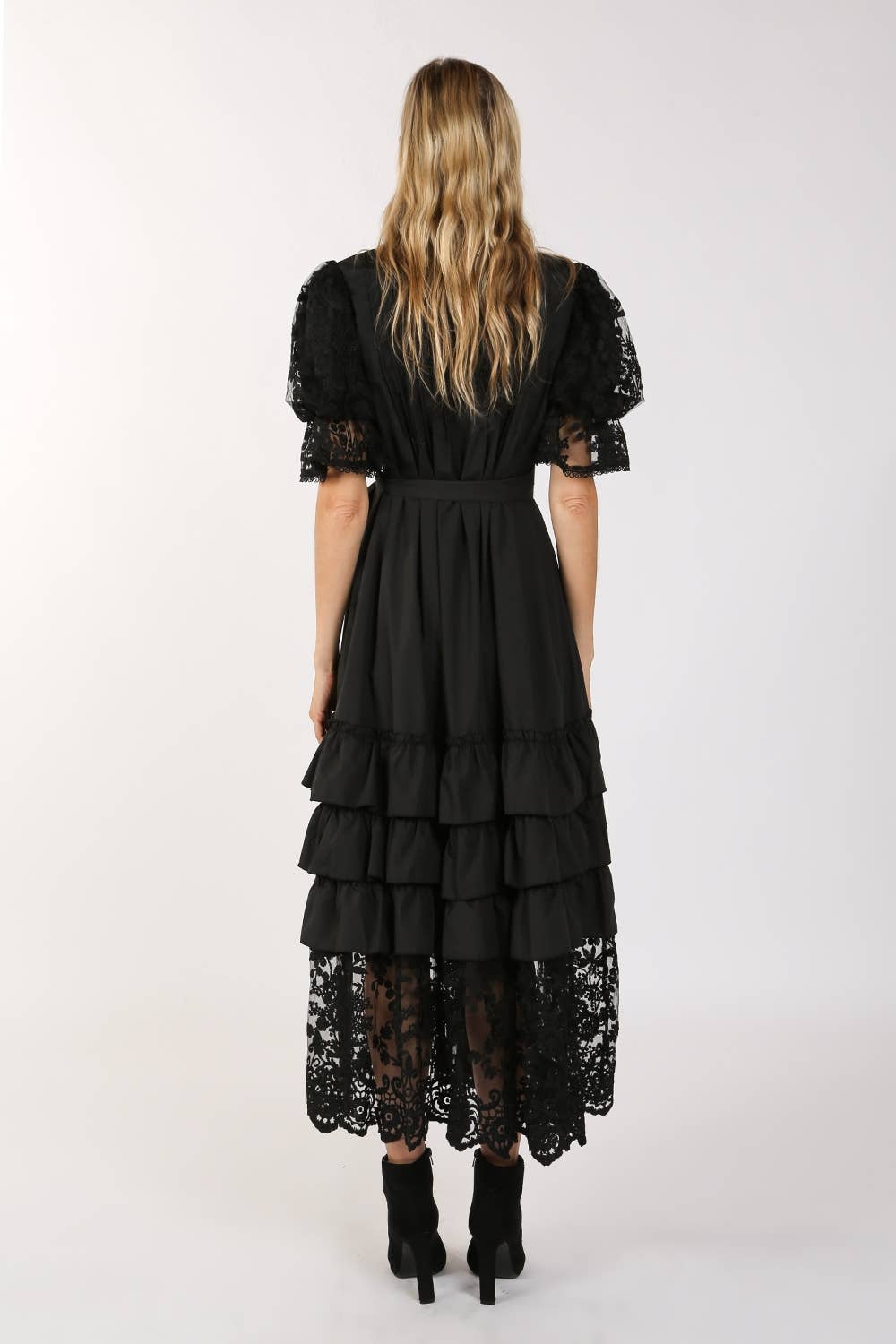Mixed-Media Lace Tiered Shirt Dress