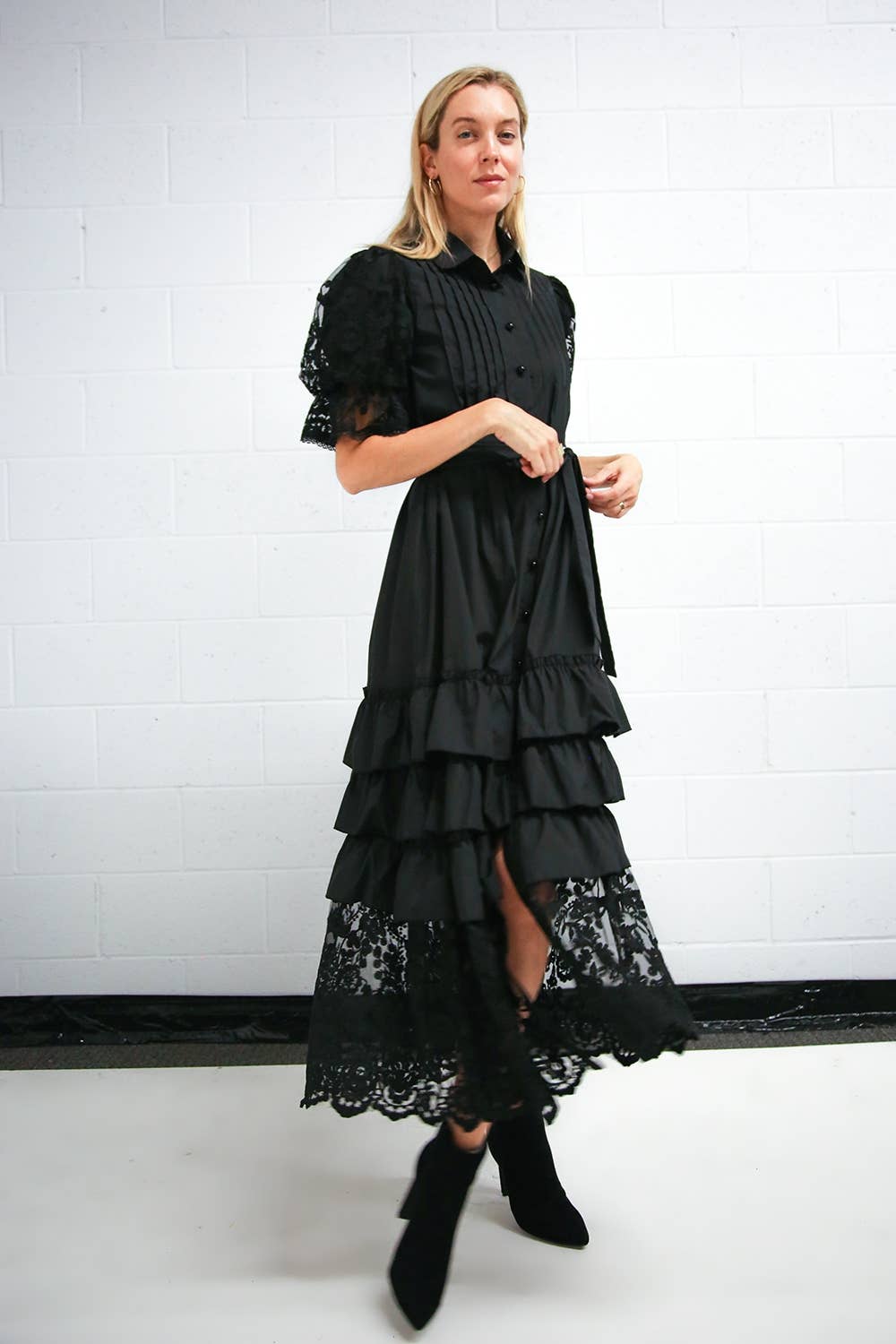 Mixed-Media Lace Tiered Shirt Dress