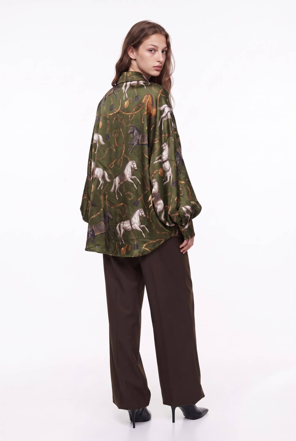 Oversized Equestrian Print Silky Shirt with Puff Sleeves
