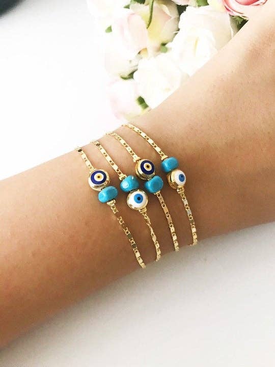 Gold Chain Bracelet, Evil Eye Bead, Blue White Evil Eye Bead, Greek Jewelry