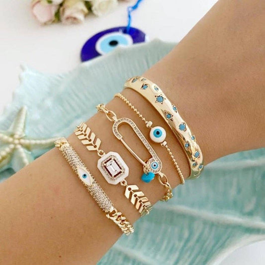 White Evil Eye Bracelet, Gold Evil Eye Jewelry Set, Greek Ev