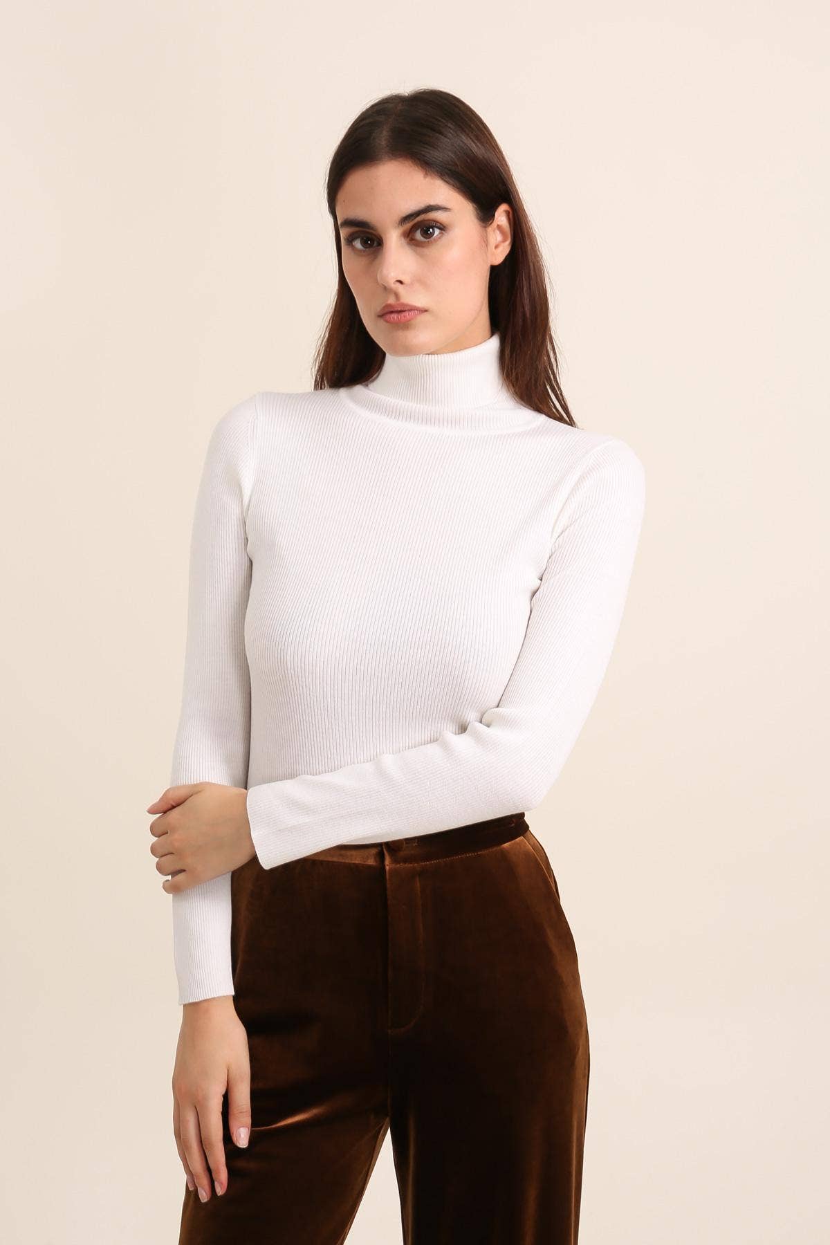 Ribbed turtleneck sweater in wool and lurex