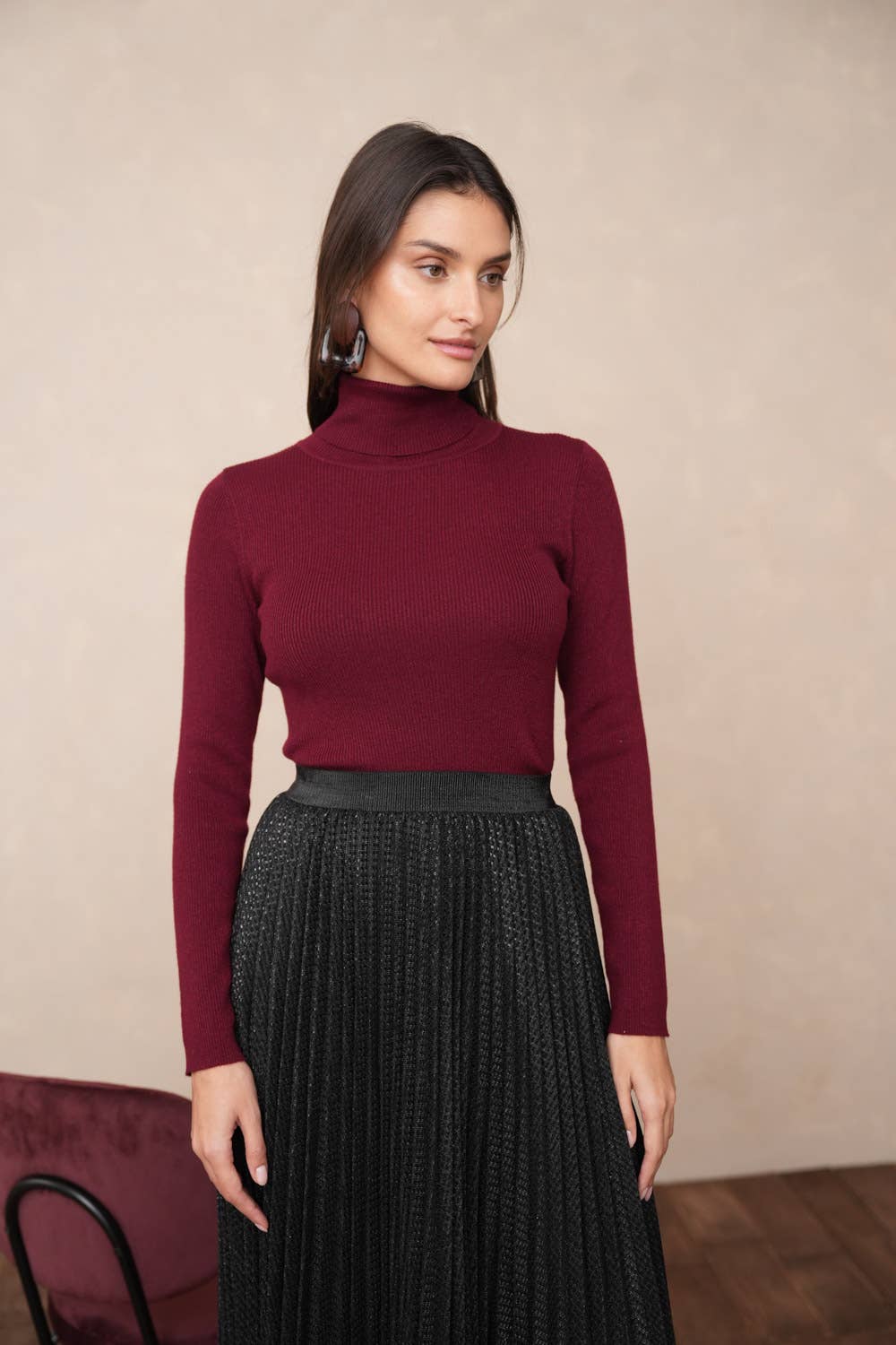 Ribbed turtleneck sweater in wool and lurex