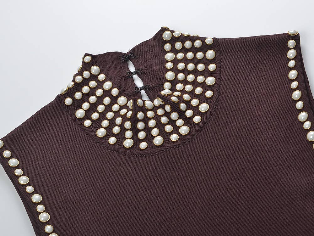 High Neck Pearl Fringe Sleeveless Knit Maxi Dress