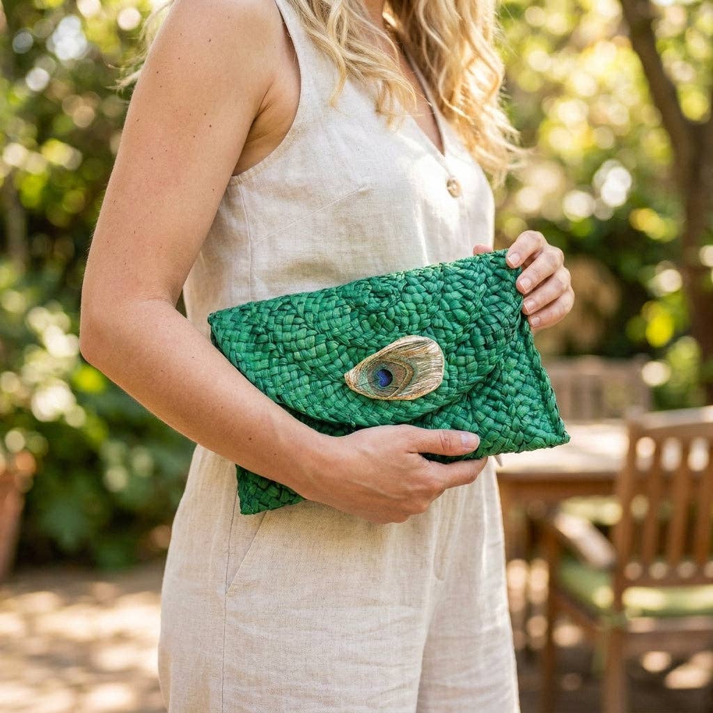 Peacock Feather Green Oyster Shell Clutch