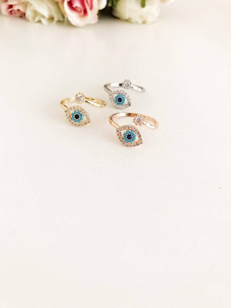 Adjustable Evil Eye Ring, Zircon Evil Eye Ring, Rose Gold Silver Ring