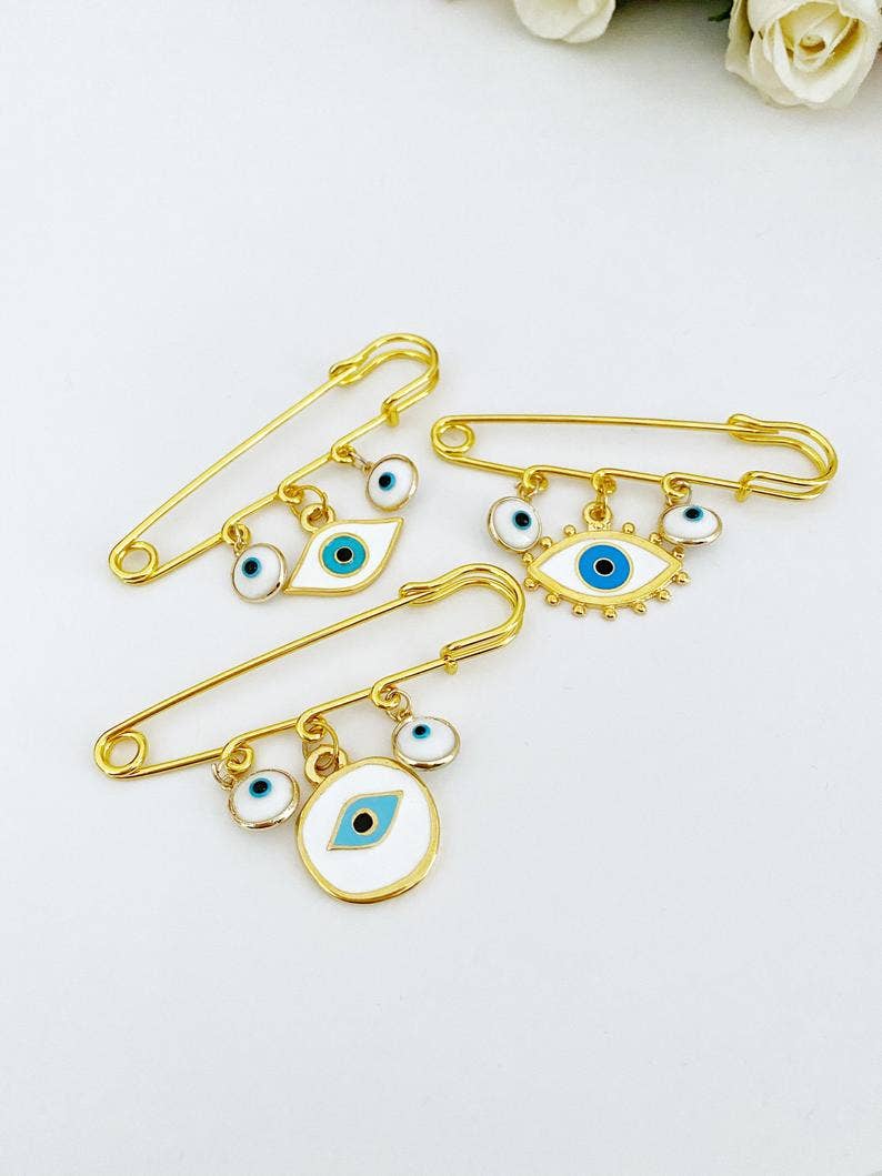 Evil Eye Handmade Safety Pin, Gold Safety Pin for Protection