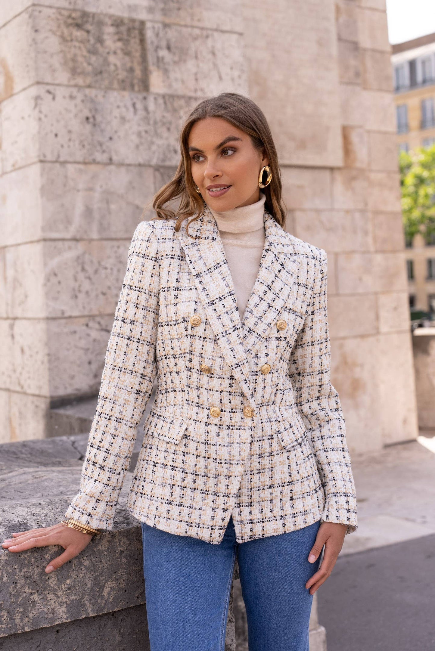Checked tweed double-breasted fitted blazer jacket