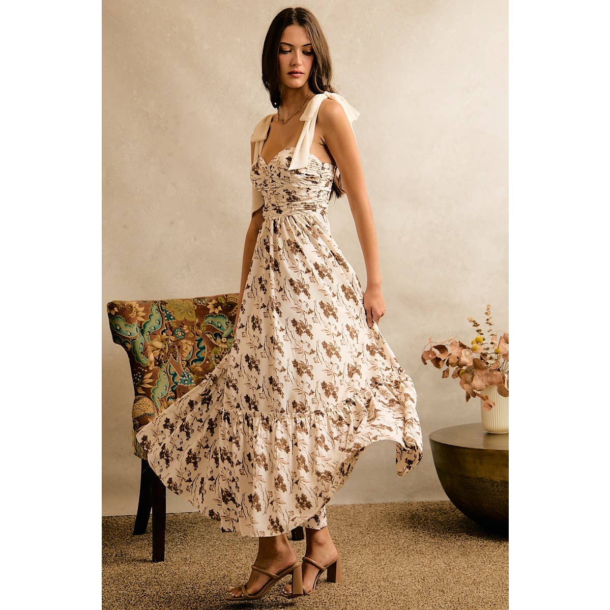 Floral Print Ribbon Strap Bustier Dress