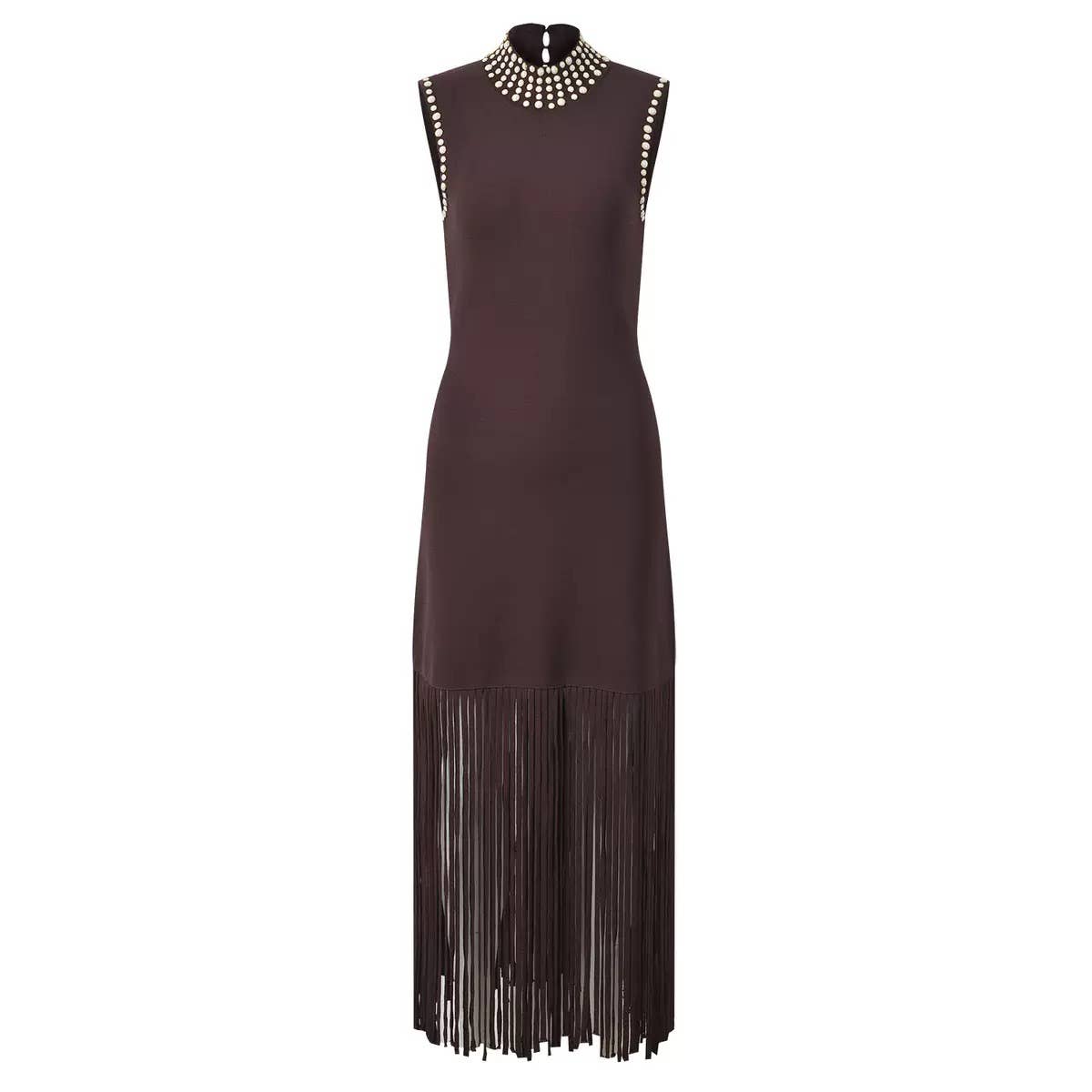 High Neck Pearl Fringe Sleeveless Knit Maxi Dress