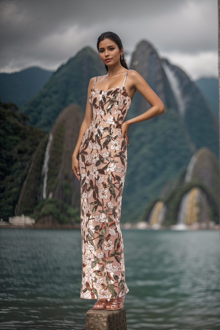 Sequined Embroidered Floral Suspender Party Dress