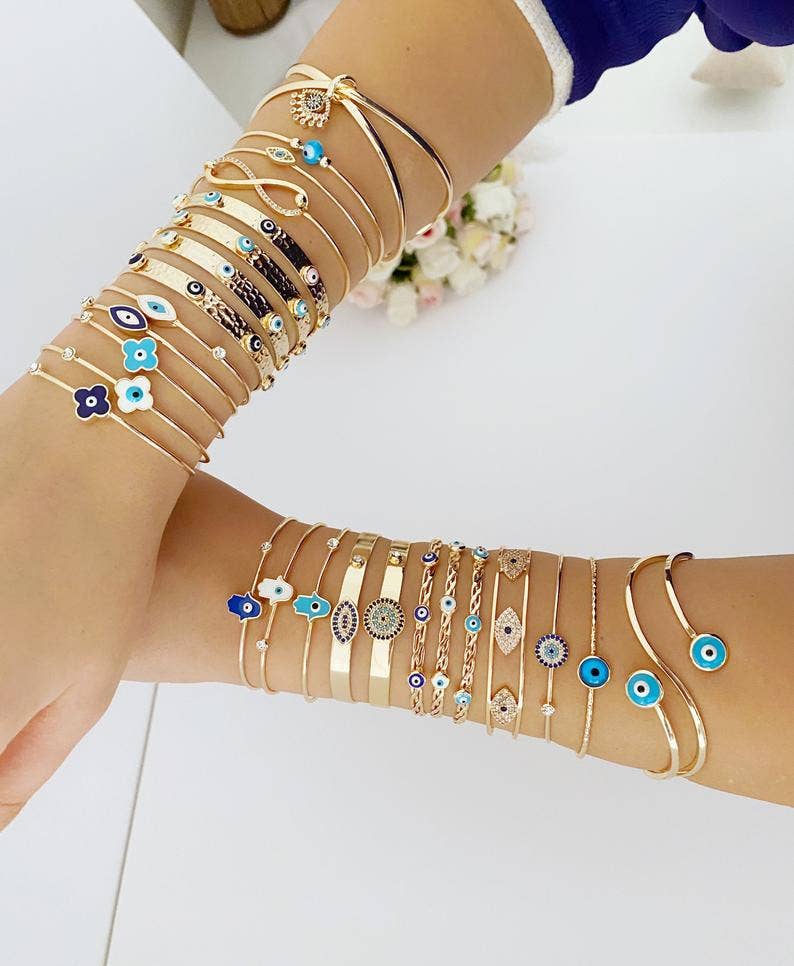 Evil Eye Cuff Bracelet, Gold Evil Eye Jewelry, Bangle Bracelet, 25 Styles