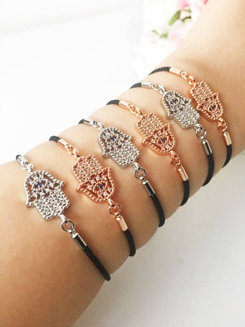 Hamsa Hand Bracelet, Adjustable Black String Bracelet, Rose Gold Silver