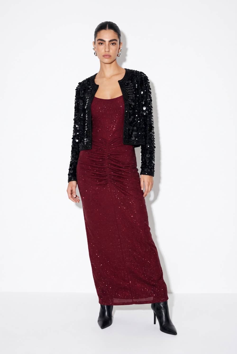 Holiday Shimmer Ruched Backless Maxi Dress