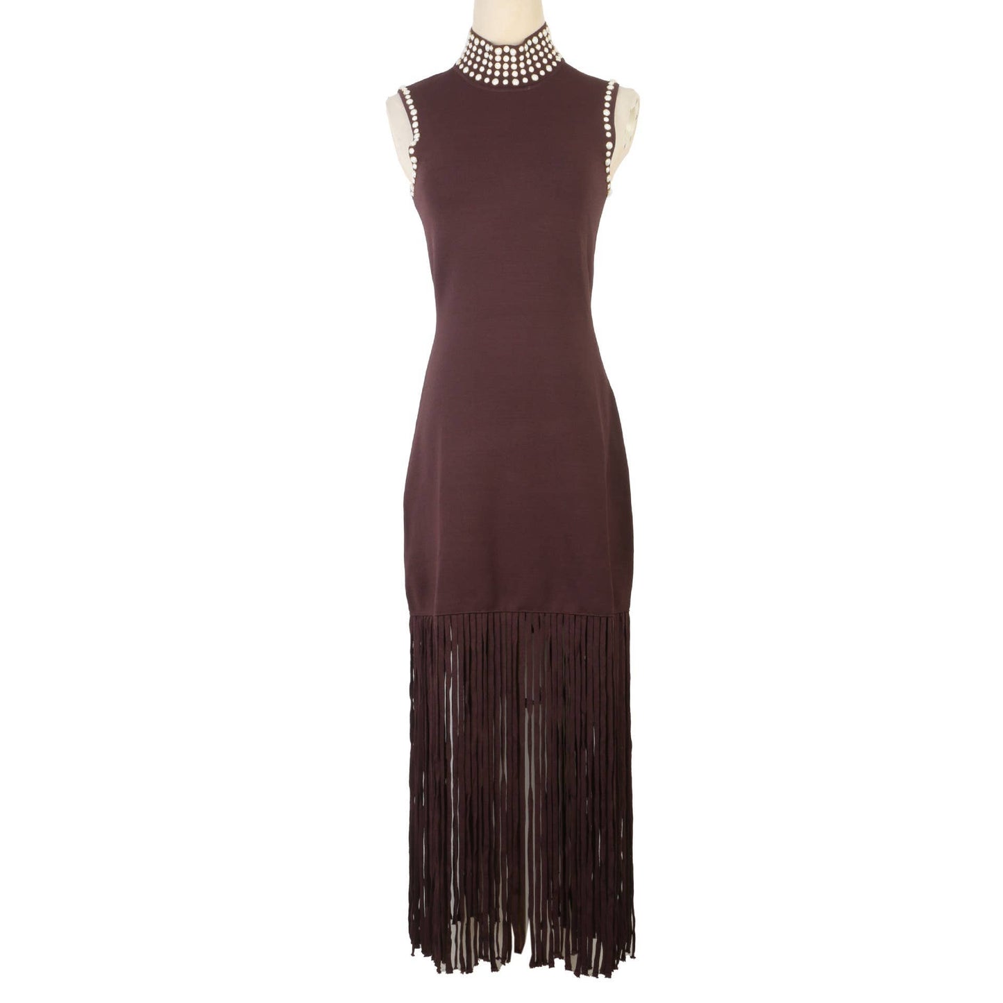 High Neck Pearl Fringe Sleeveless Knit Maxi Dress