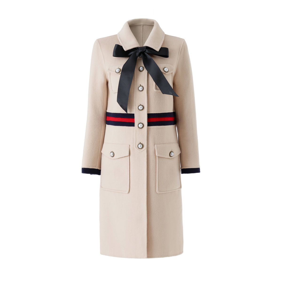 Chic Wool Bow Coat with Striped Waist Detail