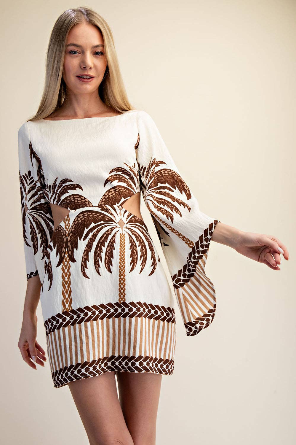 Open Back Long Sleeve Palm Tree Print Mini Dress