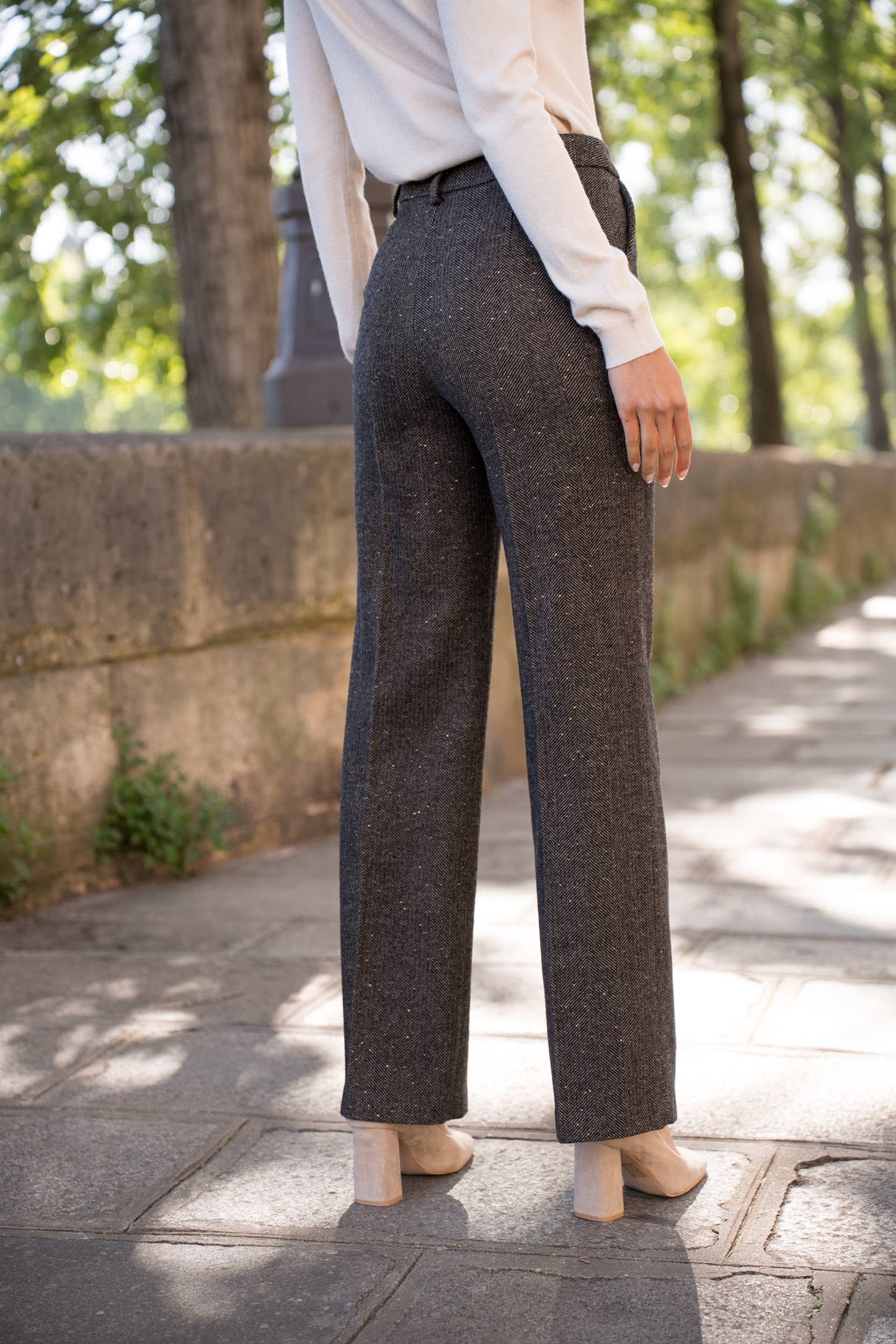 Straight Long Trousers in Herringbone Wool Blend