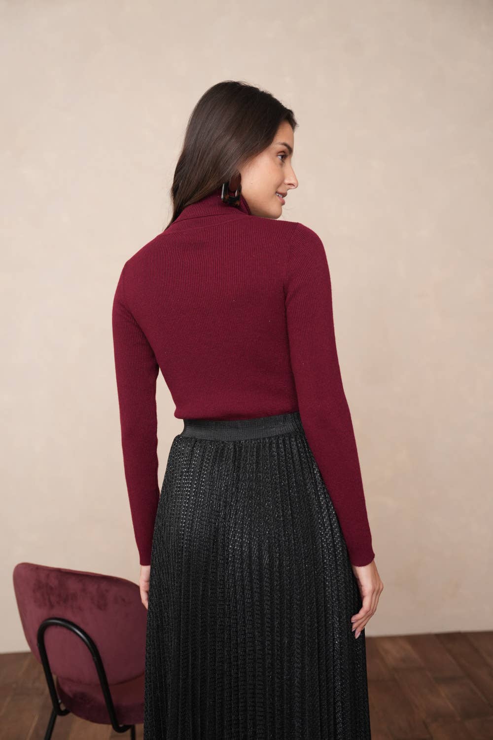 Ribbed turtleneck sweater in wool and lurex