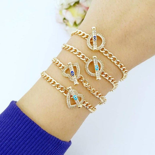 Evil Eye Toggle Bracelet, Gold Chain Bracelet, Heart Charm Bracelet