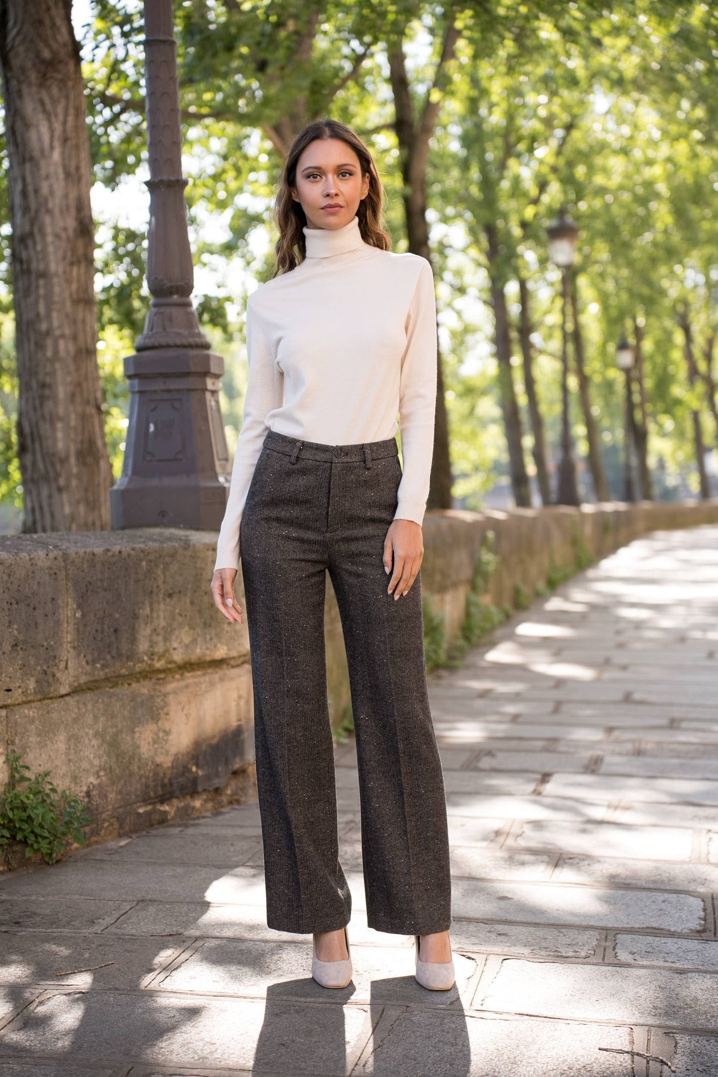 Straight Long Trousers in Herringbone Wool Blend