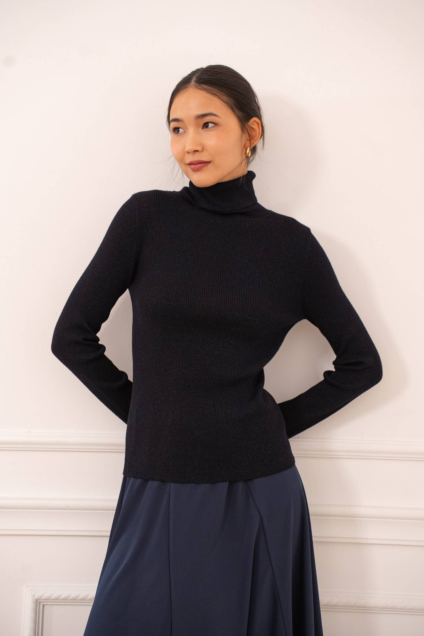 Ribbed turtleneck sweater in wool and lurex