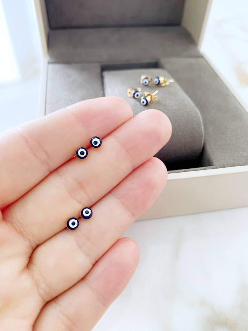 Navy Blue Evil Eye Earrings, Gold Silver Stud Earrings, Dainty Evil Eye Jewelry,