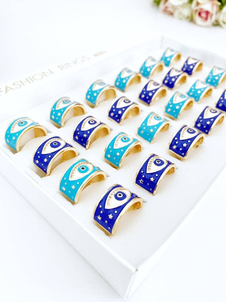 Evil Eye Ring, Wide Band Ring, Gold Ring, Blue Evil Eye Ring, Evil Eye Jewelry