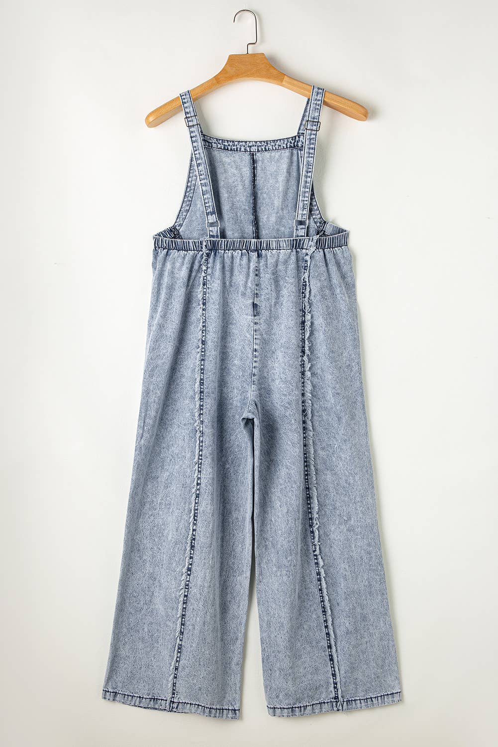 Light Wash Frayed Exposed Seam Wide Leg Denim Overall