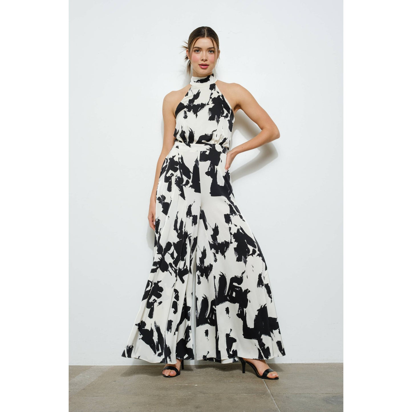 Abstract Print Halter Neck Wide-Leg Jumpsuit