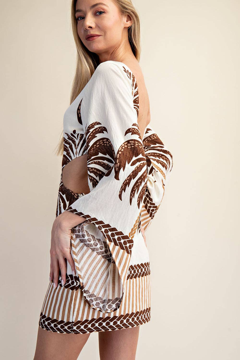 Open Back Long Sleeve Palm Tree Print Mini Dress