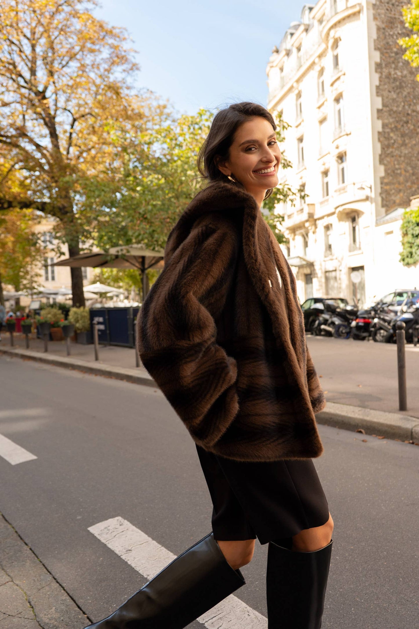 Short Vegan Fur Coat with Herringbone Pattern and Hood