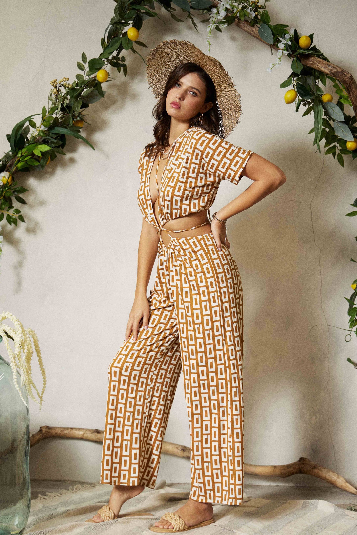 Retro Print Wrap Ties Jumpsuit