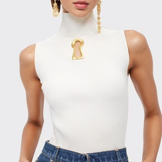 High Neck Sleeveless Vest with Keyhole Accent